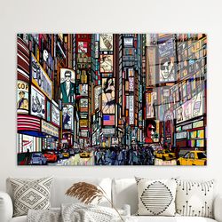 new york tempered glass,glass,wall art,illustration of a street in new york,canvas glass art,landscape glass art,