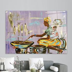 tempered glass,african mother cooking,glass wall art modern,personalized glass art,african woman cooking glass wall,