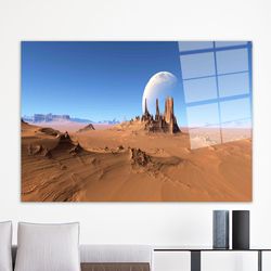 wall art,space glass printing,moon over desert view,glass art gift,personalized glass art,moon landscape glass wall art,