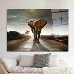 Tempered Glass, Glass, Wall Art, Wild Wall Decoration, Elephant On Way Tempered Glass, Big Elephant Glass Printing, Anim
