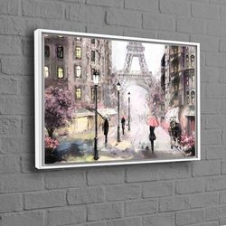 rainy day in paris, people with umbrellas, city landscape, eiffel landscape, eiffel tower wall art, oil painting print,