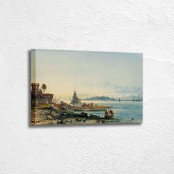 the tower of leander (kiz kulesi), constantinople 1869, photo canvas, historical painting, ottoman islamic wall art, wal