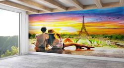 Wall Paper Peel and Stick,Couple Watching The Eiffel Tower,Custom Wall Paper,Bright Wall Paper,Eifeel Landscape Wall Pri