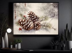 vintage pinecone painting, winter canvas print, christmas art print, christmas wall decor, winter landscape print, winte