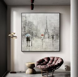 abstract rainy paris city landscape wall art, large original eiffel tower oil painting on canvas, modern cityscape paint