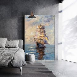 original sailboat oil painting on canvas, abstract sunrise landscape painting, modern nautical wall art, large seascape