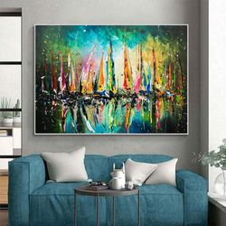 original painting on canvas, abstract colorful sailboat oil painting, seascape painting, large wall art,living room wall