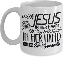 crochet coffee mug 11oz - with jesus in her heart and crochet in her hand gift ceramic coffee cup