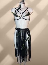 sexy harnss set with dragons, genuine leather skirt with fringe, laser cut harness, whip and cake