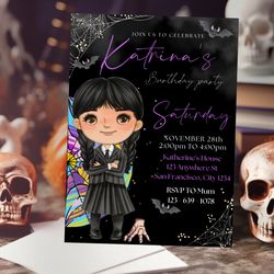 wednesday addams birthday invitation download for print or text 5x7, editable digital halloween printable template