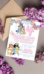 bluey birthday invitation download for print or text 5x7, editable digital bluey and family printable invite templa