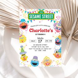 sesame street birthday invitation 5x7, sesame street editable digital printable invite template