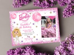 barbie disco photo birthday invitation download for print or text 5x7, editable digital barbie printable invite templa