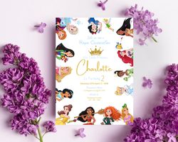 disney princess birthday party invitation download for print or text 5x7, editable digital printable invite template