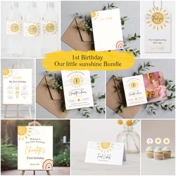 our little sunshine birthday invitation bundle, download for print or text 5x7, self editable digital template