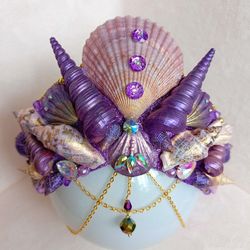 handmade mermaid purple crown made of sea shells for photo shoot. siren crown tiara for nautical wedding cosplay costume