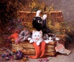 cat kittens at play in flower basket painting art by leo huber repro