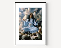 surreal animal artful, surrealism wall art with cats and women maximalist decor,moody wall art prints,trendy painting, t