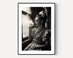 frida kahlo smoking poster, mexican artist, black and white wall art, vintage print, photography prints, museum quality