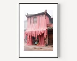 surrealism wall art christo and jeanne-claude wrapping a retro vintage house landscape artful wall art, maximalist decor