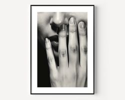hand in nose funny print, surrealist photography, black and white wall art, vintage print, photography prints, museum qu