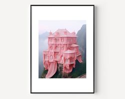 surrealism wall art christo and jeanne-claude wrapping a temple landscape artful wall art with mountain, maximalist deco