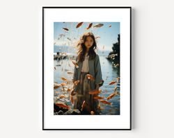 surreal landscape artful, surrealism wall art with fish and women maximalist decor,moody wall art prints,trendy painting