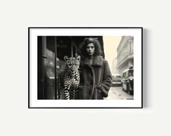 leopard with woman print, cheetah print, leopard print, vintage animal photo, vintage style, black and white photo, muse