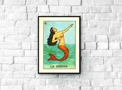 vintage mexican loteria card, la sirena, retro mermaid art print, mexican folk art, mermaid wall art, antique mermaid pa