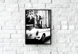 high heels in classic car poster, black and white photography, fashion poster print, high heels print, fashion art print