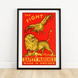 eagle and lion fight - matchbox print a4 size - india wall art - vintage india art - matchbox wall poster - vintage post