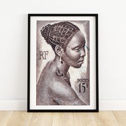 african woman - vintage african art - postage stamp print - aesthetic wall art - postage stamp wall poster - vintage pos