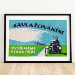 crop irrigation spraying water - matchbox print - czech wall art - vintage czech art - matchbox wall poster - vintage po