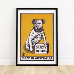 bulldog standing on box matchbox print - australia wall art - vintage australian art - matchbox wall poster - vintage po