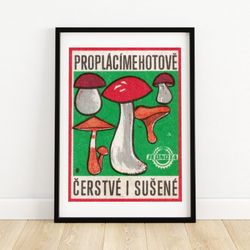 buy fresh mushrooms - matchbox print - aesthetic wall art - vintage eastern europe art - matchbox wall poster - vintage