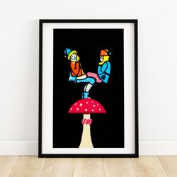 balancing gnomes on mushroom - matchbox print - aesthetic wall art - vintage eastern europe art - matchbox wall poster -