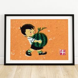 boy carrying watermelon - matchbox print - aesthetic wall art - vintage eastern europe art - matchbox wall poster - vint