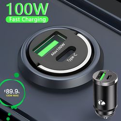 100w mini car charger lighter fast charging for iphone qc3.0 pd usb type c car phone charger for xiaomi samsung huawei