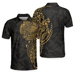 strong and cool polynesian pattern polo shirt, luxury black and gold shirt for men, sea turtle polo shir