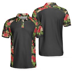 tropical roses pattern polo shirt, black polo shirt with roses, print roses pattern shirt for adults