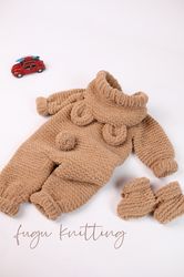 knitted gender-neutral baby and toddler winter overall with adorable bear design and eco-friendly sustainable materials