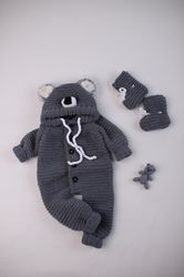 knitted koala baby rompers warm gray color toddler jumpsuit with big and furry ears/ expectant mom gift/ gift for  infan