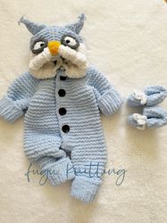 special design handmade knitted light blue wise owl winter jumpsuit for baby/customizable toddler owl costume & baby gif