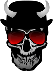 welcome to hellskull with sunglasses and bowler hat