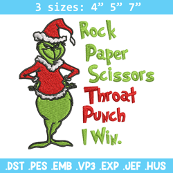 rock paper scissors throat punch grinch embroidery design, grinch christmas embroidery, grinch design, digital download.