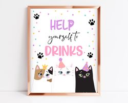 cat birthday drinks table sign, cat birthday table sign, party cat printable sign, birthday drinks table sign, printable