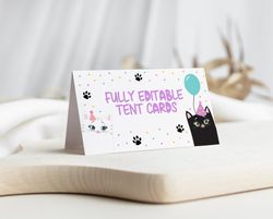 cat food label tent cards, cat birthday food labels, party cat fully editable tent cards, birthday kitten decorations