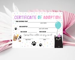 cat adoption certificate, editable cat adoption car, cat birthday party, adopt a cat, pink pawty kitten adoption