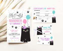 editable kitten birthday invitation bundle, cat birthday pack, cat birthday invite set, let's pawty kitten bundle