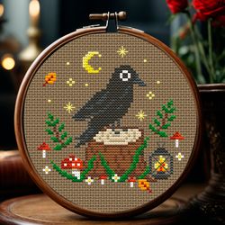 witchy crow cross stitch pattern, gothic cross stitch, spooky embroidery, witch, magic, crow, bird cross stitch